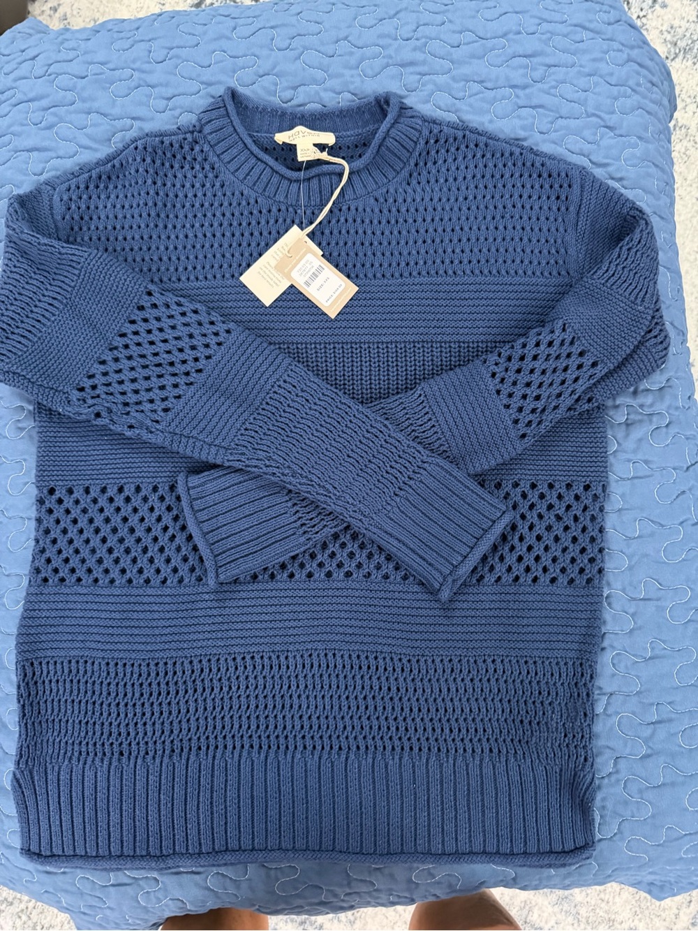 Haven Well Within Women's Blue Open-Knit Crewneck Sweater -